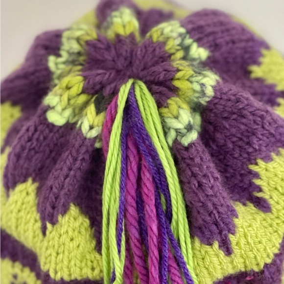 Hand Knits 2 Love Beanie Hat Cap Fair-isle Tassel Beads Sequence Purple Lime - Picture 4 of 9